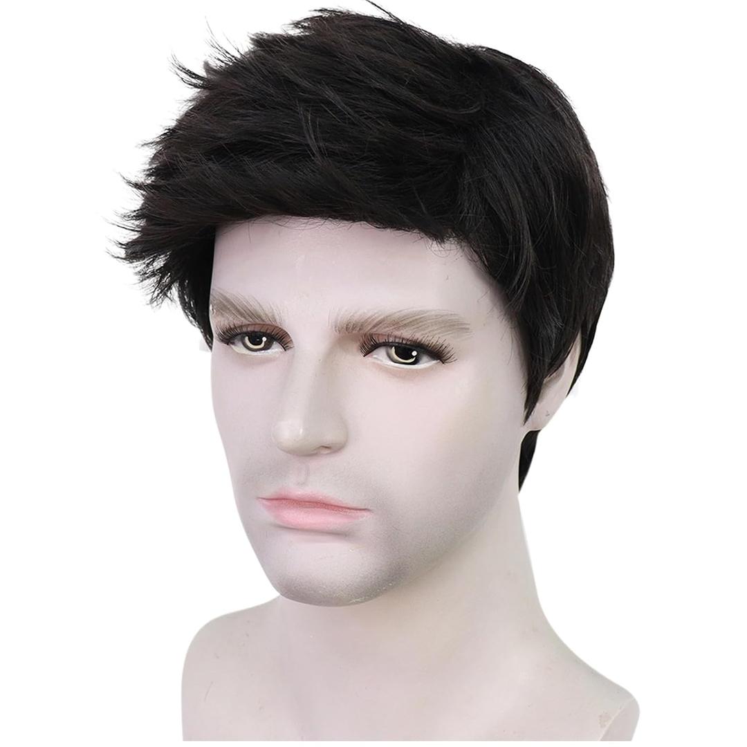 Mens Black Wig Short Straight Black Wig Layered Male Heat Resistant Synthetic Hair Replacement