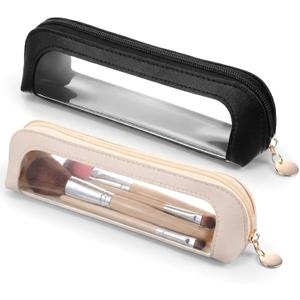 Small Double Sided Clear Makeup Bag, PU Leather Waterproof Makeup Brush Bag, Portable Travel Mini Cosmetic Bag with Zipper for Women Home Travel Office Cosmetic Storage (Black, Apricot)