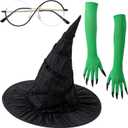 3 Pcs Witch Costume for Women Halloween Cosplay Costume Set with Witch Hat Green Claw Gloves and Glasses (Black)