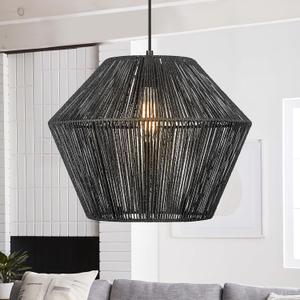 ELYONA 16.5 Large Modern Woven Chandelier Farmhouse Coastal Pendant Light Fixtures Matte Black Handwoven Rattan Basket Shade Boho Pendant Hanging Lamp for Kitchen Dining Room Bedroom Foyer Hallway