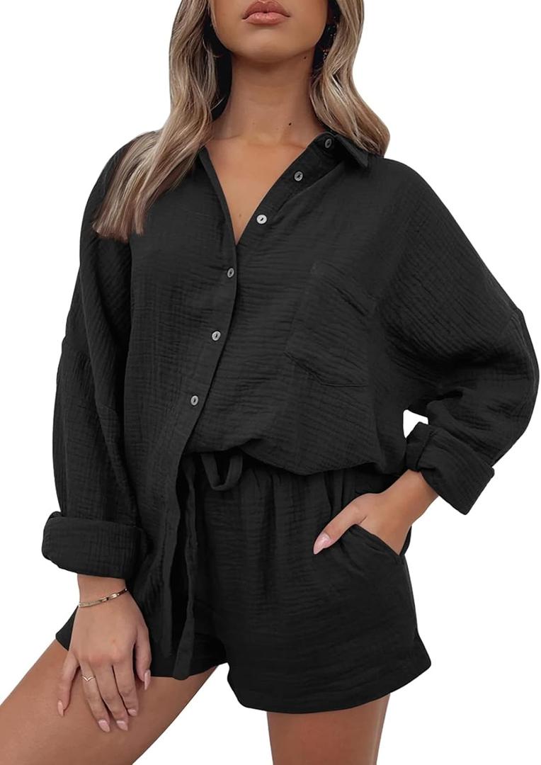 Trendy Queen Two Piece Sets For Women Summer Short Sets Beach Vcation Lounge Pajama 2 Piece Spring Outfits Fashion 2025 (Small, Black)