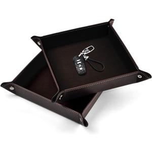 Oirlv Premium Leather Valet Tray for Men Jewelry Organizer, Desktop Storage,Key Wallets Cell Phones Catchall Tray Nightstand or Dresser Organizer Plate (Coffee)
