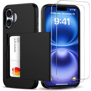 for iPhone 16 Wallet Case with Card Holder + 2 Tempered Glass Screen Protector Protective Dual Layer Shockproof Hidden Card Slot Slim Case Women Men iPhone 16 6.1 inch 2024 (Black)