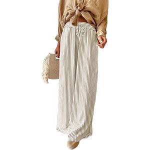 Acelitt Women Casual Drawstring Elastic Waist Striped Wide Leg Pants with Pockets (Beige, S)