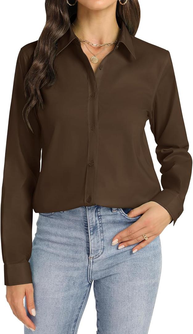 J.VER Womens Button Down Shirt Long Sleeve Dress Shirts Stretch Solid Work Blouse Collared Shirts for Business Office (X-Small, Coffee Brown)