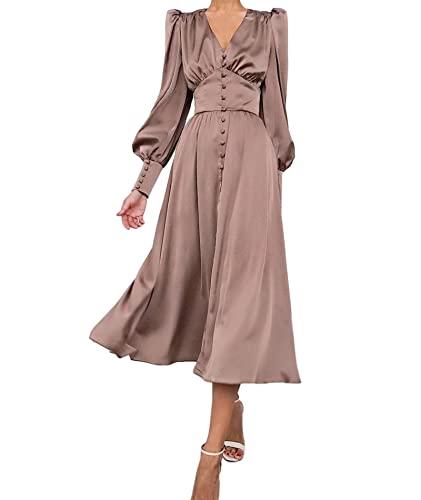 xxxiticat Women's Puff Sleeve Satin Maxi Dress Long Lantern Sleeve Button Down Ruffle Single Breasted Vintage Midi Dresses(BR,S) Brown Size S