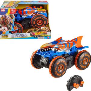 Hot Wheels Monster Trucks Remote Control Toy Vehicle, Large-Scale RC Tiger Shark Climber with 3 Modes of Play for Racing, Climbing & Stunting