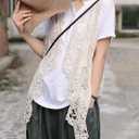 Flygo Women's Open Front Cotton Crochet Lace Boho Hippie Butterfly Vest Cardigan Coverup Sleeveless Irregular Hem (White)