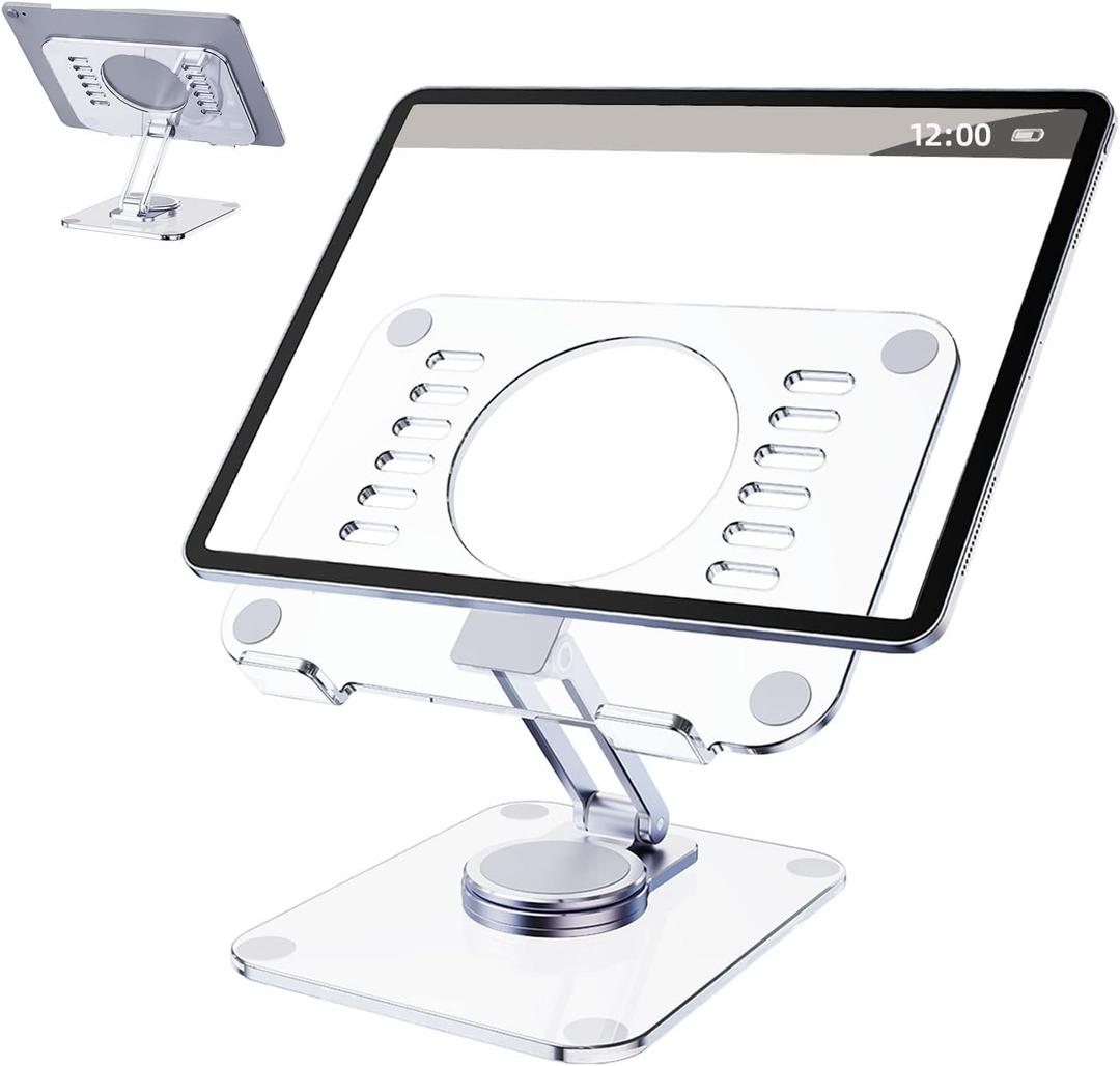 360 Rotating Acrylic Tablet Stand, Adjustable Desk Stand Foldable Clear Holder Stands Compatible for iPad Pro, Air, Mini, Kindle, Surface Pro, Galaxy Tab, Phone, 4-13",Clear