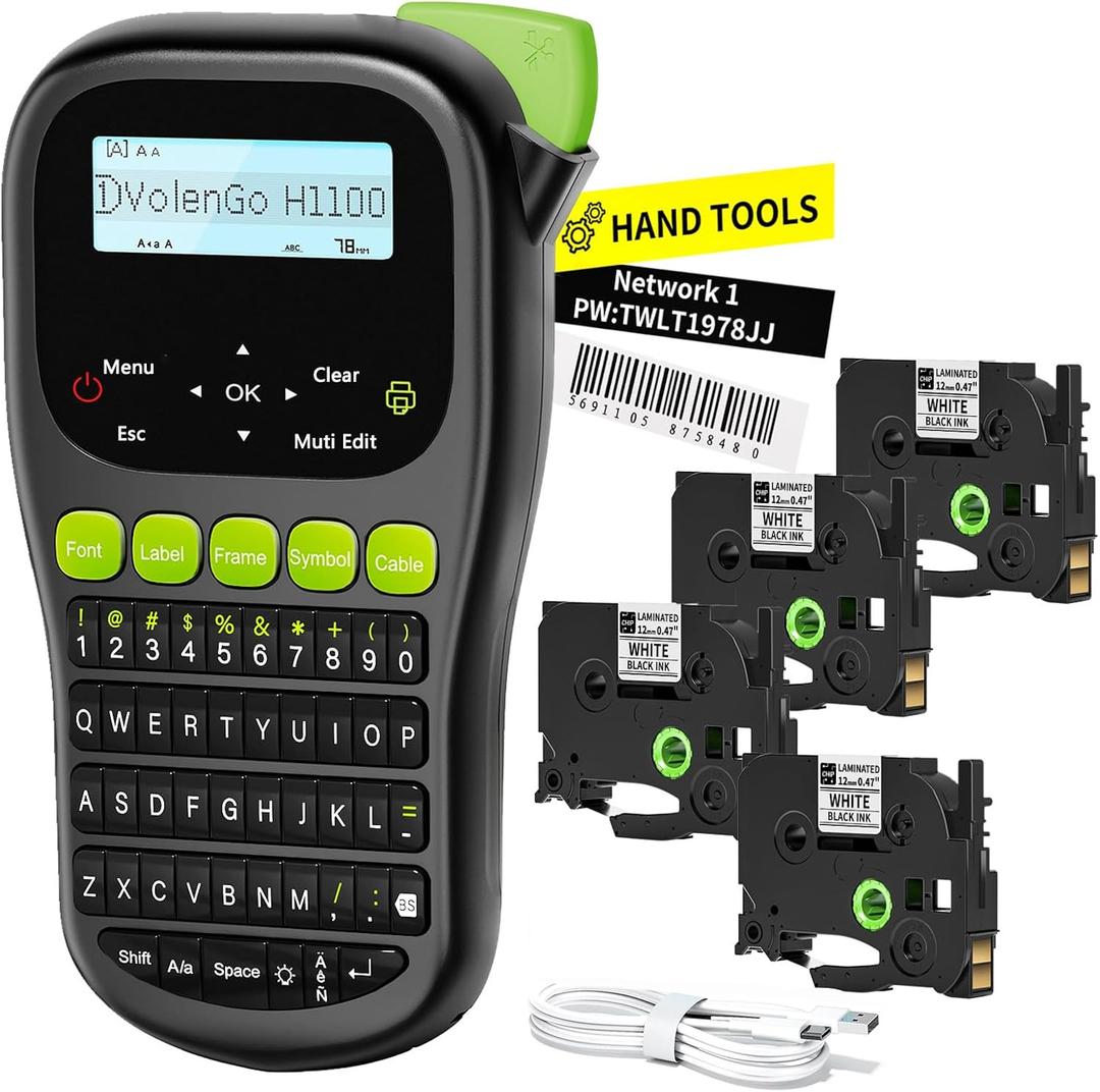 Label Maker Machine with 4 Tapes, Wire Label Maker Waterproof-Labels, Laminated Handheld Label Printer, Backlit & Portable & One-Touch Key, H1100 Labeler for Industrial Office Organization (Black)