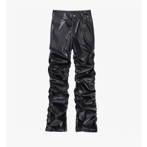 Men's Punk Style Shiny Pleated PU Leather Pants Men's Loose Straight Leather Trousers Black M