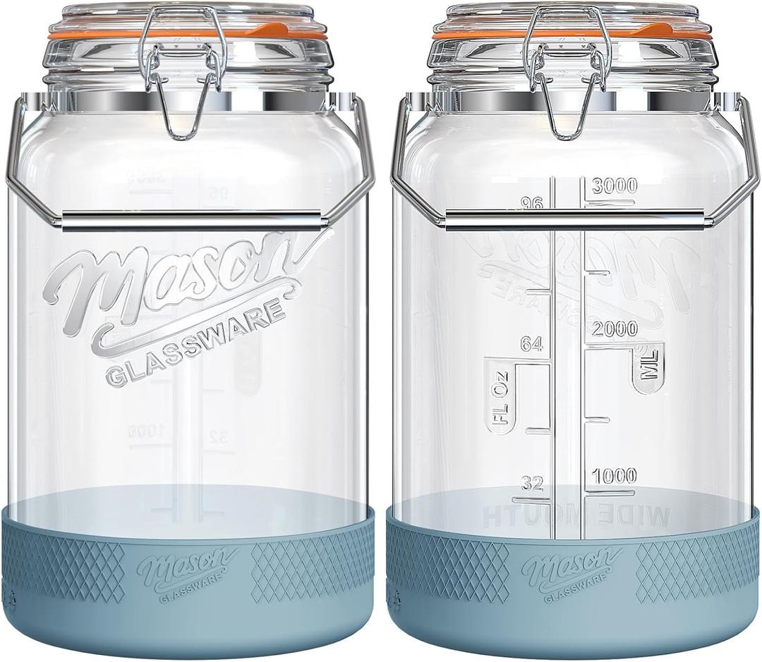 2 Packs 1 Gallon Glass Jars with Airtight Lids, Wide Mouth Mason Jars with Clip Top & Stainless Steel Handle & Silicone Base, Glass Storage Containers for Kitchen Storage, Pickling-Dual Scale