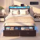 Queen Bed Frame with 2 Drawers, Platform Bed Frame with LED Lights and Charging Station, Upholstered Headboard, Heavy Duty Metal Slats, No Box Spring Needed, Noise Free, Easy Assembly