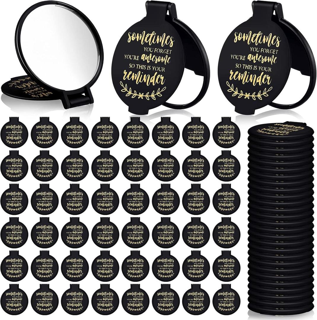 Weysat 48 Pcs Small Compact Mirrors Bulk Gifts for Women 2.8 in Black Inspirational Mini Pocket Purse Mirror Portable Folding Round Handheld Makeup Graduation Appreciation Gift for Coworker Employee