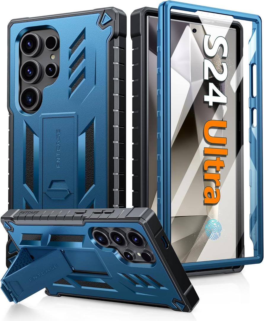 FNTCASE for Samsung Galaxy S24-Ultra Case: Military Grade Drop Proof Protection Cases with Kickstand | Shockproof Rugged Hard Phonecase Heavy Duty Matte Textured Protective Cover - 6.8 Inch Blue