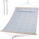 SUNCREAT Double Quilted Hammock with Hardwood Spreader Bar, Extra Large Soft Pillow, Heavy Duty 2 Person Hammock for Indoor, Outdoor, Grey Pattern