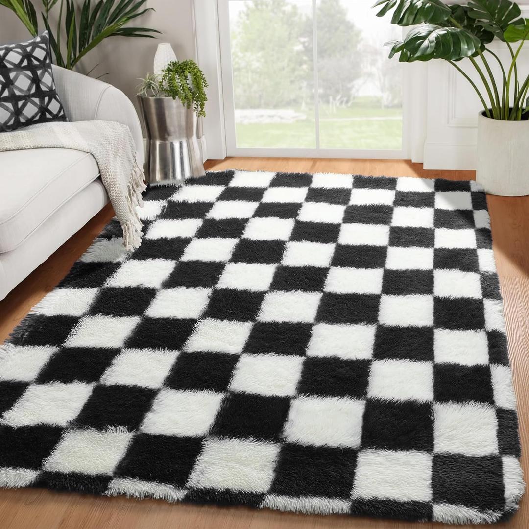 KICMOR Area Rugs for Bedroom Living Room, 4x6 Black and White Fluffy Soft Checkered Rug Fuzzy Shag Shaggy Carpet, Indoor Plush Floor Rugs for Kids Boys Girls Teen Dorm Nursery Home Decor Aesthetic