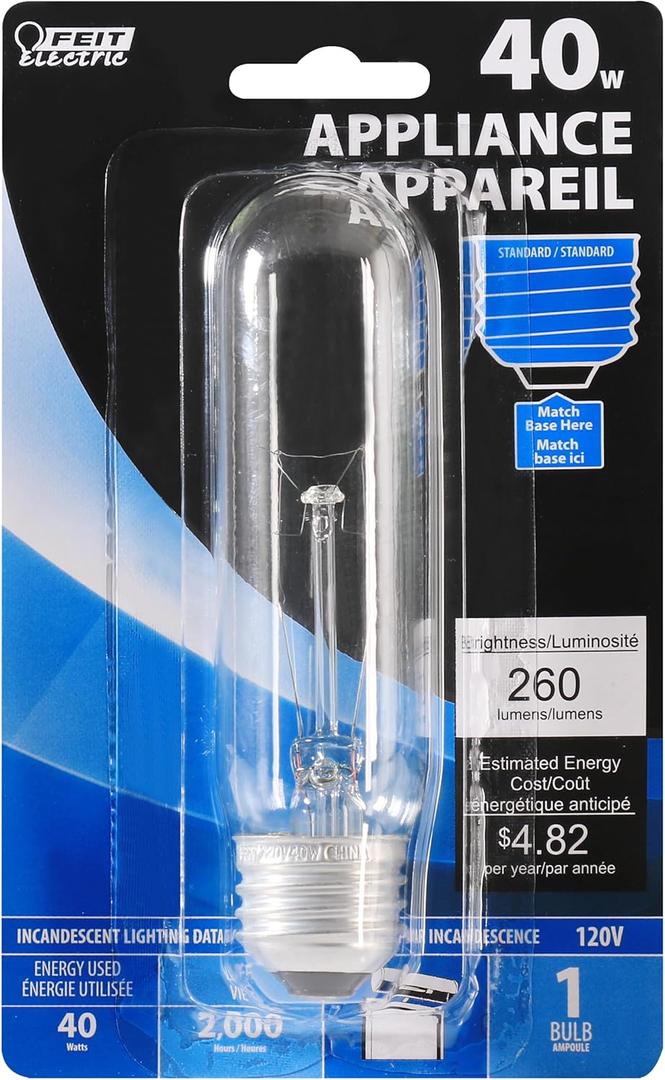 Feit Electric BP40T10/RP 40 Watt Clear T10 Dimmable Incandescent Appliance Light Bulb, 2500K Soft White, 5" H x 1.3" D