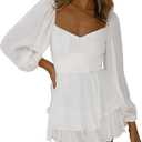 Fixmatti Women off Shoulder Rompers Lantern Long Sleeve Ruffle Tie Mini Shorts Jumpsuit (Medium, Y-white)