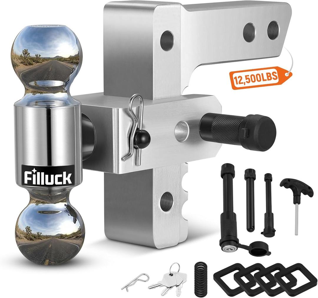 Adjustable Trailer Hitch Fits 2" Receiver, 2" & 2-5/16"(12,500 LBS GTW) Rotatable Dual Solid Ball, 6" Drop/Rise Heavy Duty Aluminum Tow Hitch, Trailer Hitches with Anti-Theft Pin, Silver