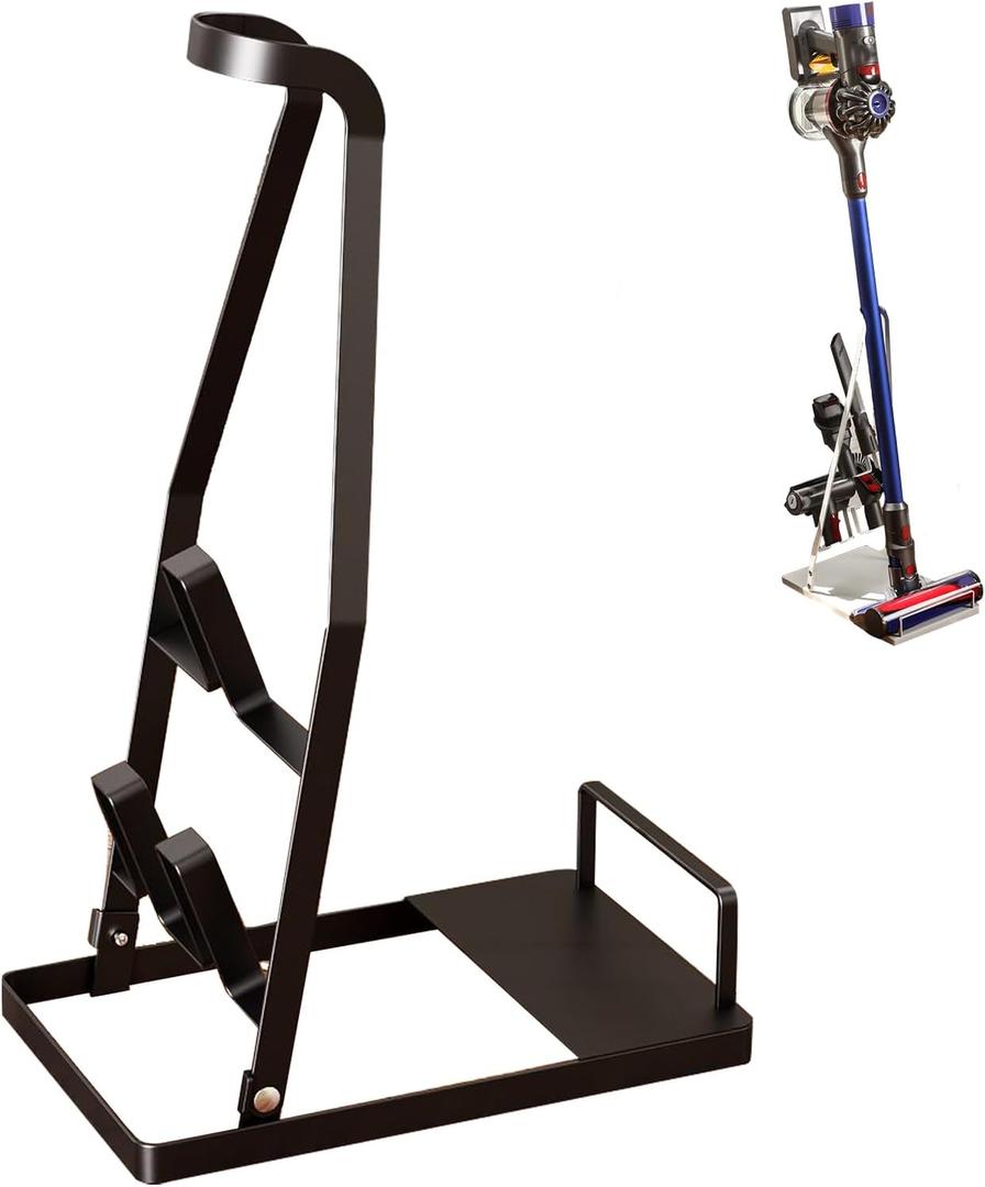 No-Drill Vacuum Stand, Sturdy Metal Storage Rack for Slim Cordless Stick Vacuums, Compact Accessory Docking Station, Space-Saving Home Organizer(Black)