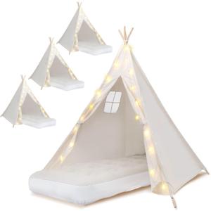4 Pack Teepee Tent for Kids [Thickened] with Light String and Inflatable Airbed, Slumber Party Tents, Sleepover Tents Party for Girls Boys Indoor Outdoor (White)