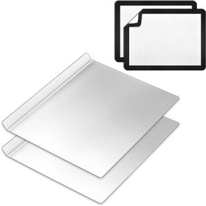 2 Pcs Large Flat Cookie Sheets No Edges and 2 Pcs Silicone Baking Mats Aluminum Cookie Pan with Baking Mats Reusable Rectangular Oven Trays for Cooking Desserts Cupcakes, 16" x 13"