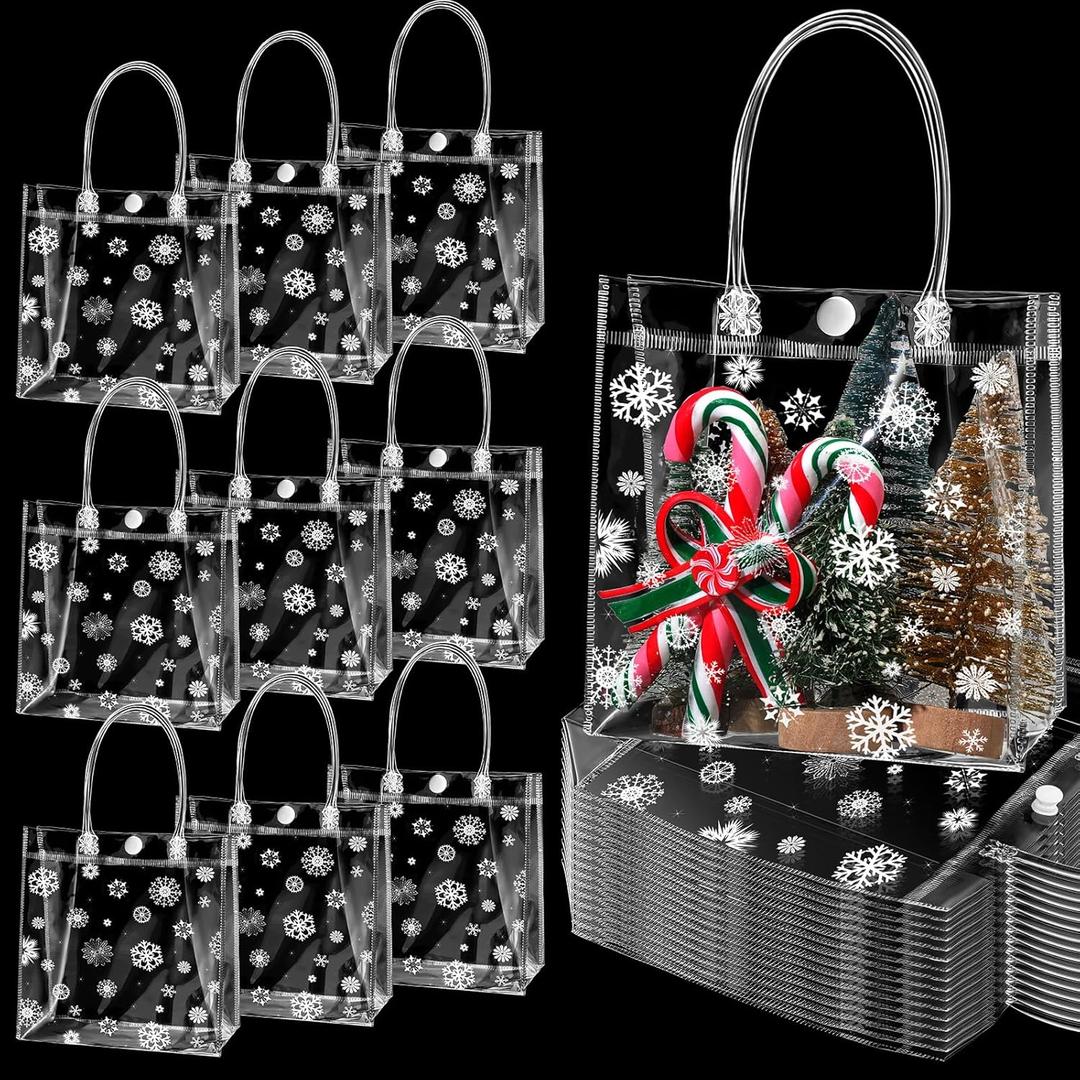 Gueevin 60 Pcs Christmas Clear Gift Bags with Handles Bulk Plastic Candy Treat Snowflake Party Gift Bags PVC Wine Tote for Wedding Birthday Party Favor(6.3 x 5.9 x 3.15 Inch)