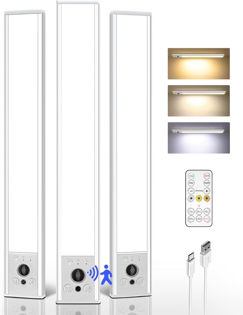 EZVALO 3 Pack Under Cabinet Lighting, 3200mAh Rechargeable Motion Sensor Light, 12inch Magnetic Closet Lights with Dimmable & 3 Color Temps, Wireless Motion Activated Lights with Remote for Kitchen