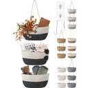 3 Tier Wall Mounted Woven Hanging Basket, Over the Door Hanging Basket with Hooks, Decorative Storage Hanging Closet Removable, Large Wall Basket for Living Room, Kitchen (White & Gray)