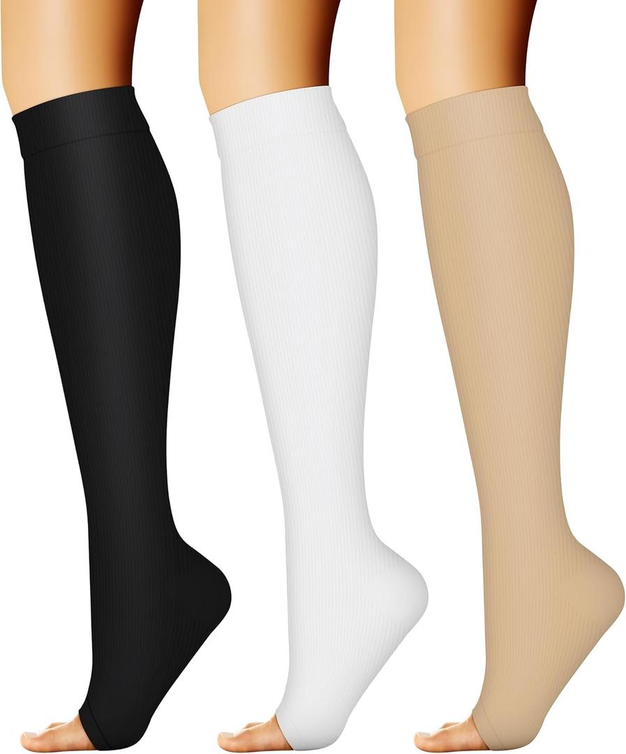 CHARMKING 3 Pairs Open Toe Compression Socks for Women & Men Circulation 15-20 mmHg is Best Support for All Day Wear (Large-X-Large, 02 Black/White/Beige)