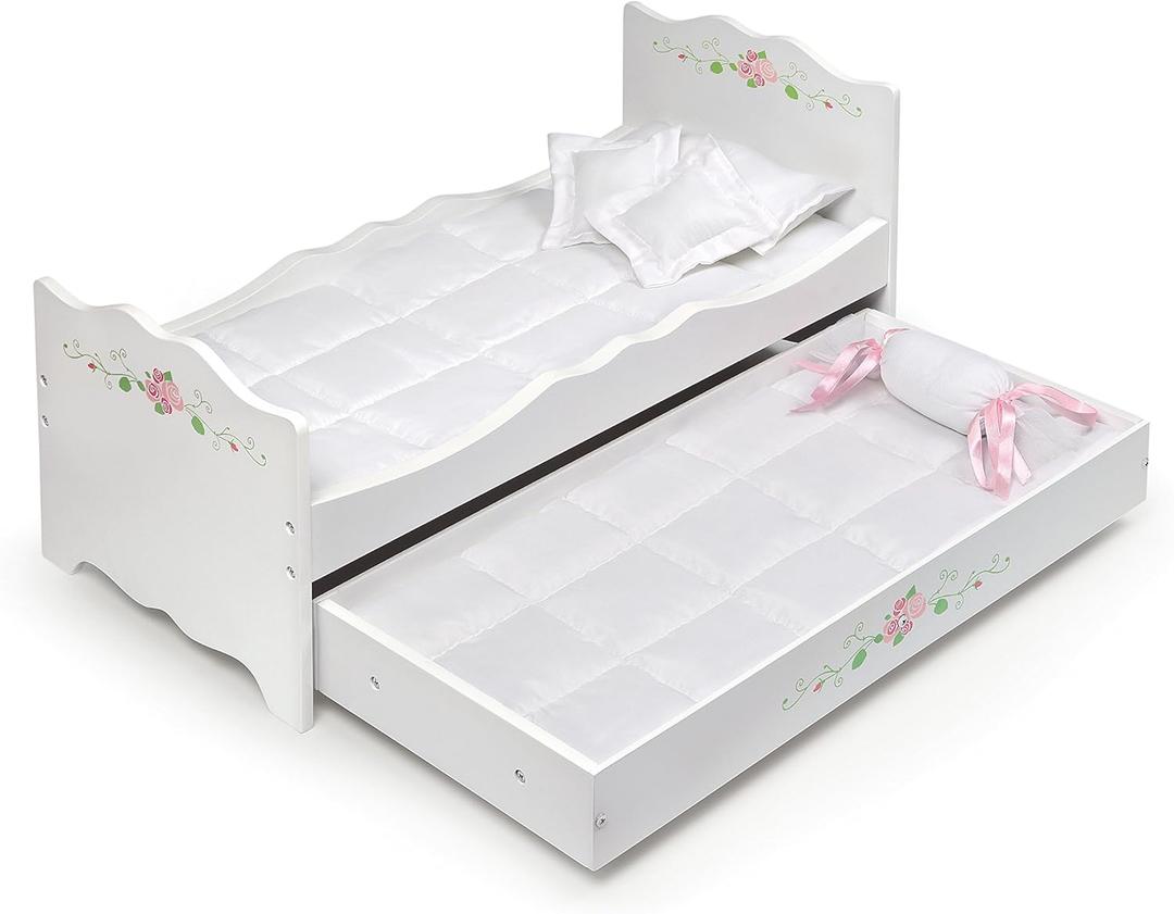 Badger Basket Doll Bed with Trundle and Bedding  Elegant White and Rose Bed for 18 to 20-Inch Dolls with Deluxe Mats and Pillows