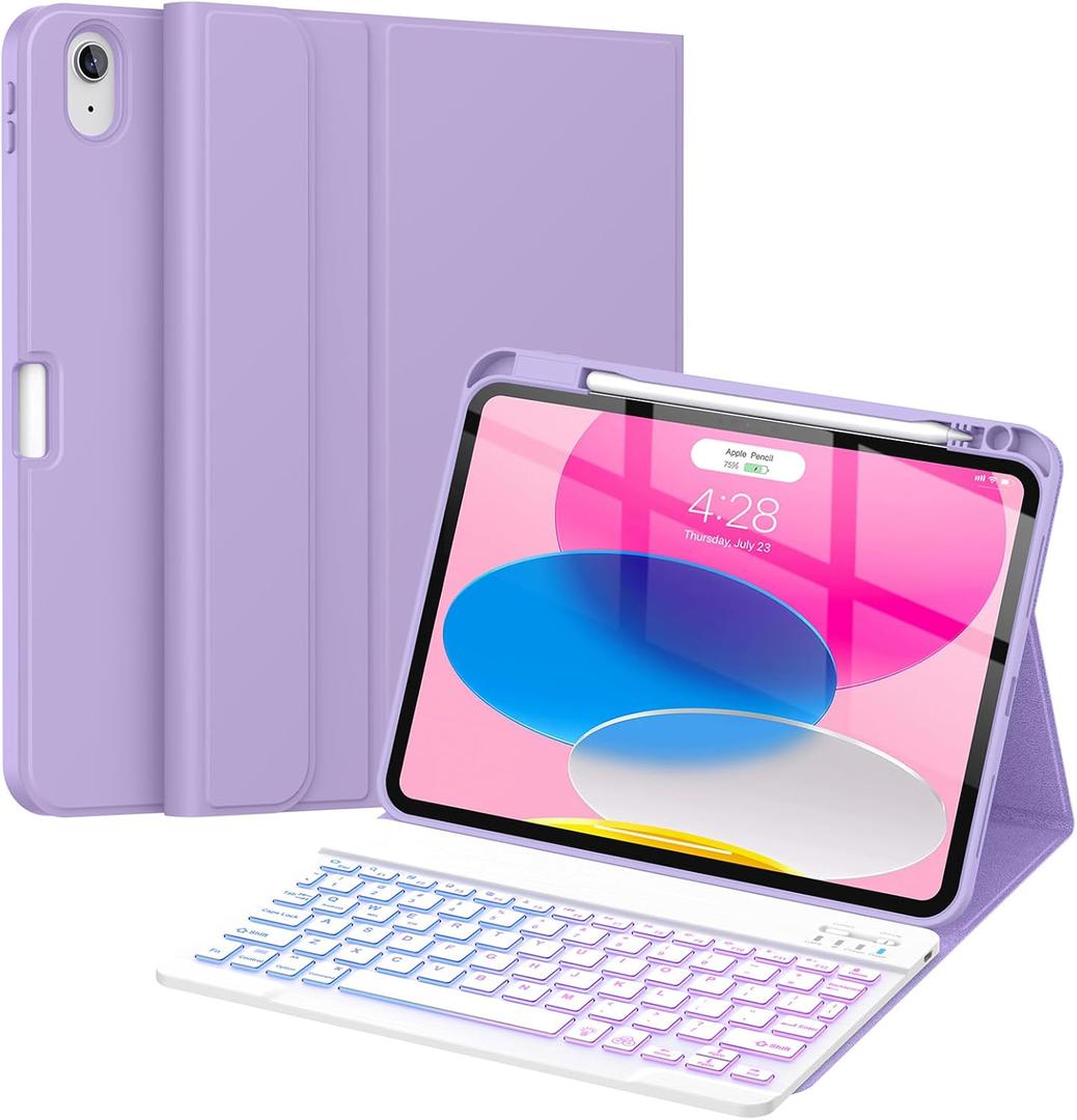 Soke for iPad (A16) 11th/10th Generation Case with Keyboard(2025/2022)-7 Color Backlight Wireless Detachable Folio Keyboard Cover with Built-in Pencil Holder for iPad 11/10.9 inch, Lilac