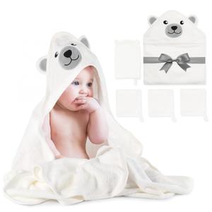 Momcozy Baby Bath Towel Set, Baby Towel with Hood and Baby Washcloth|Baby Bath Glove, Extremely Soft, Breathable, Suitable for Girls and Boys (White)