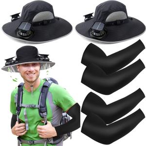 2 Set Wide Brim Solar Fan Hats with 2 Solar Fan and Arm Sleeves Set Outdoor Fishing Bucket Hat for Men Women Hiking (Black)