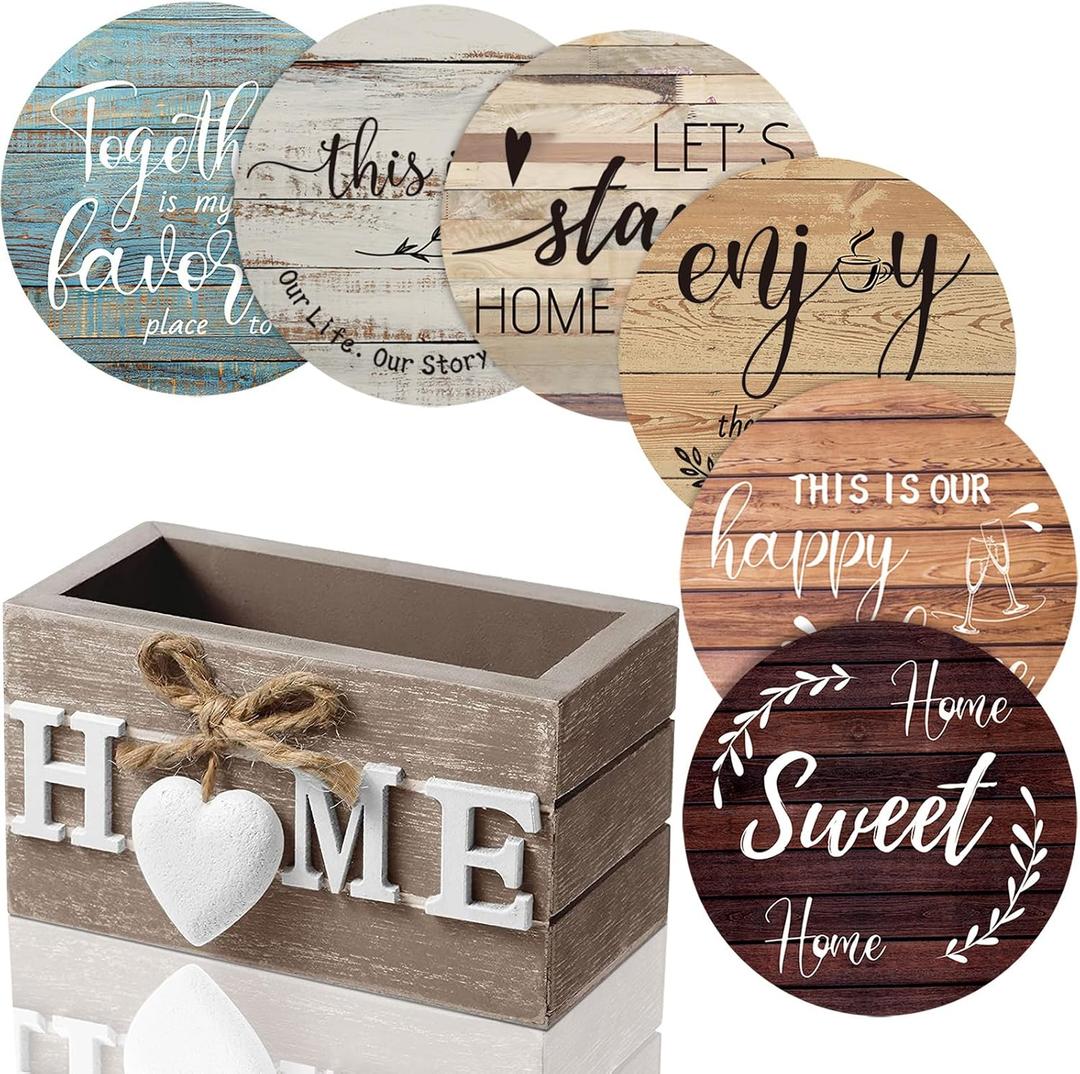 Queekay Coasters Set of 6 House Warming Gifts New Home Wooden Farmhouse Drink Coasters with Holder 4'' Funny Decoration for Kitchen Family Coffee Bar Tabletop Protection