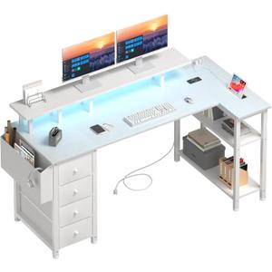 Lufeiya White L Shaped Computer Desk with Fabric Drawers, 55 Inch Corner Home Office Desk with Monitor Stand Shelves, Writing Study Gaming Desks with Led Lights and Power Outlets for Bedroom, White