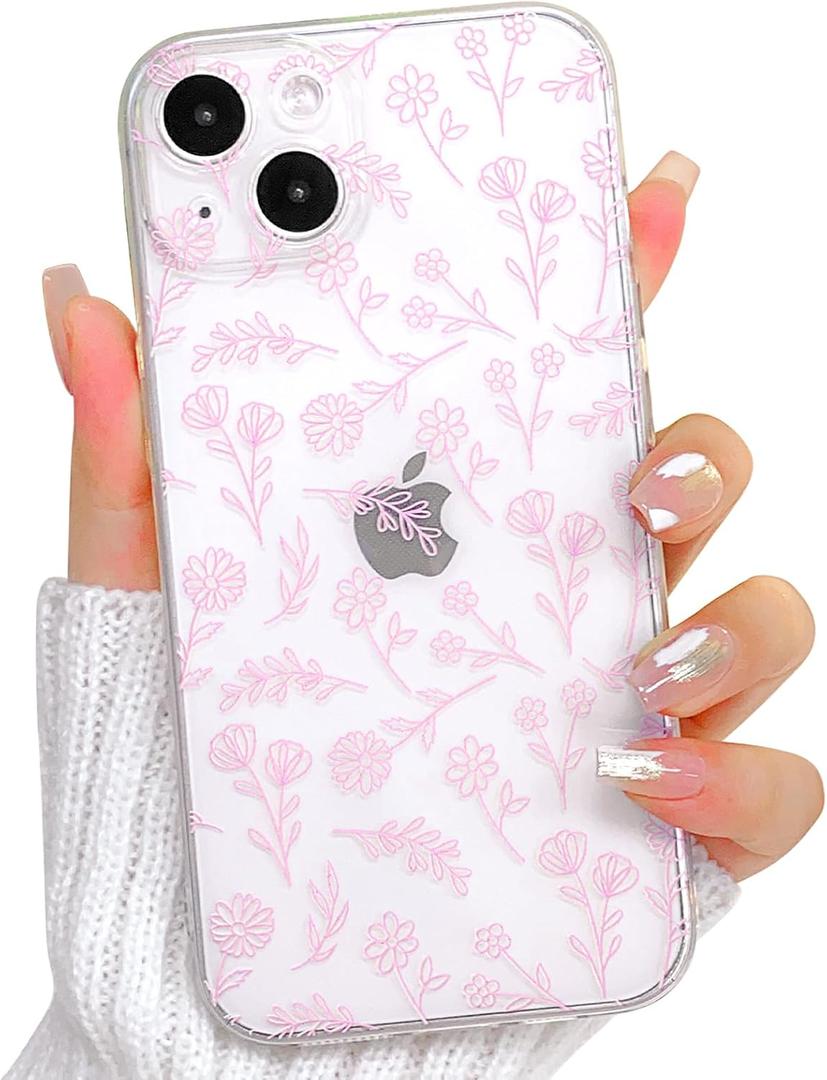 Lovmooful Compatible for iPhone 13 Case Cute Clear Oil Flower Floral Leaf Design for Girls Women Soft TPU Shockproof Protective Girly for iPhone 13-Small Pink Floral