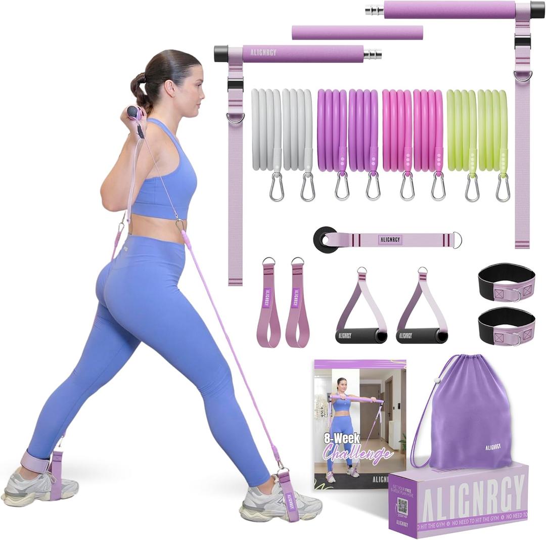Portable Pilates Bar Kit with Resistance Bands (20, 30, 40, 50 LBS)  Adjustable Home Workout Equipment with 8 Week Training Program  Full Body Fitness Bar for Pilates, Strength Training (Purple)