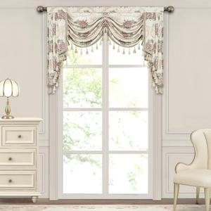 Loom and Mill Luxury European Waterfall Valance for Living Room Bedroom, Elegant Floral Jacquard Swag Window Valances with Tassels, Damask Swag Curtains for Banquet Wedding Holiday(W59Inch,1 Panel) (Valencia-pearly Beige)