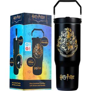 Get Trend Harry Potter Insulated Tumbler Flip Up Straw & Handle, Metal Travel Water Bottle 850ml/30oz, Thermal Double Wall Vacuum, Hot & Cold Drinks (Black Harry Potter)