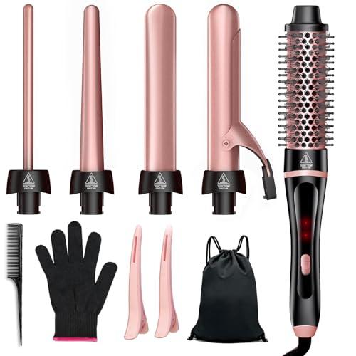 5 in 1 Curling Iron & Thermal Brush Set with 4 Interchangeable Ceramic Barrels (0.35”-1.25”) Fast Heat Dual Voltage Travel Hair Tools Birthday Gift for Women - Hair Curler Wand Kit for Curls & Blowout