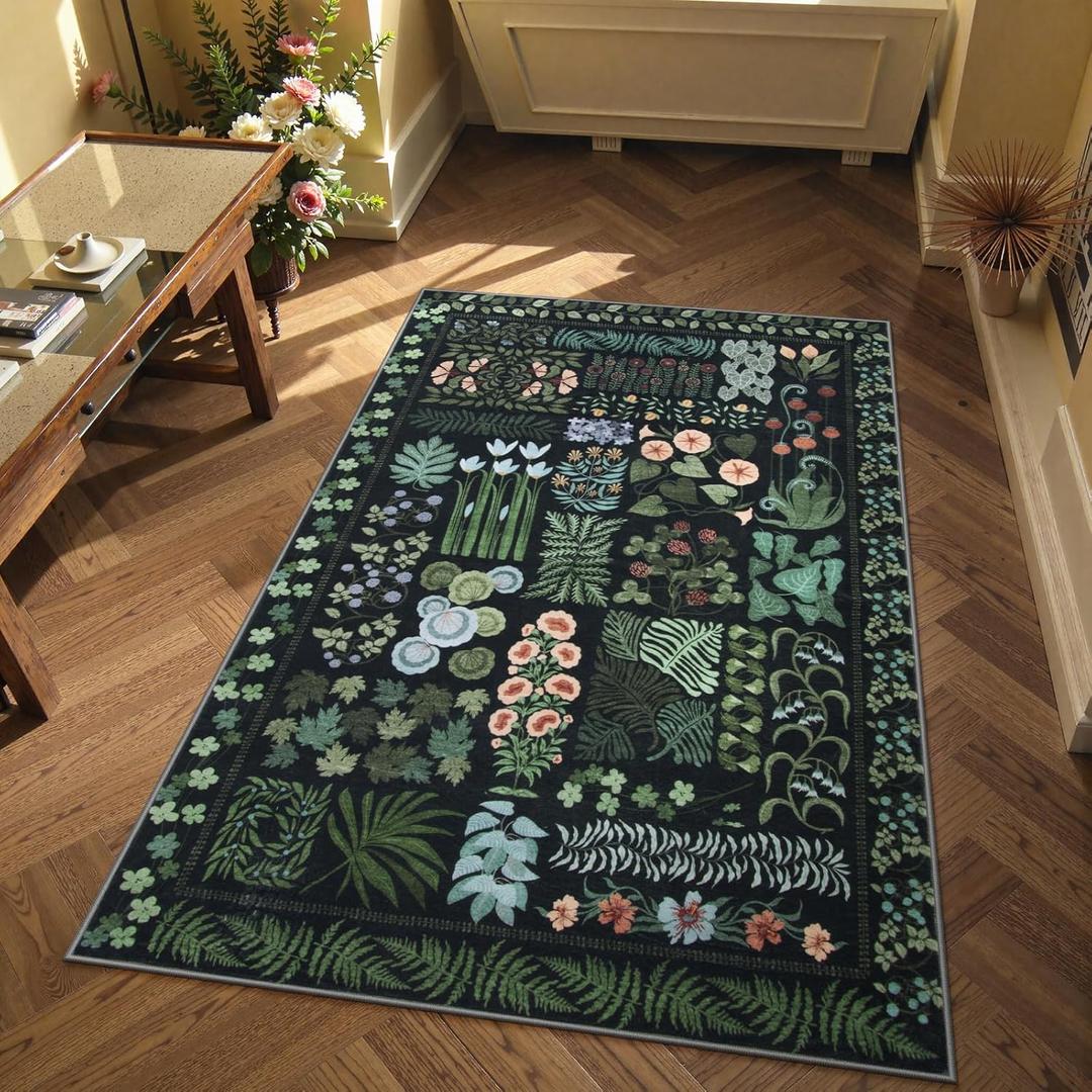 Floral Boho 3x5 Black Bathroom Entryway Kitchen Rug Non Slip Washable, Botanical Flower Area Rugs for Bedroom, Soft Modern Indoor Throw Carpet for Laundry Living Room Entrance (Black,3 x 5)