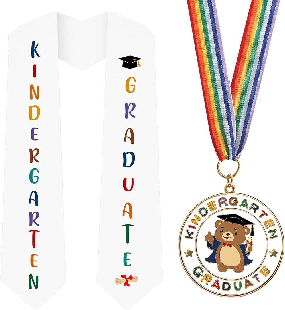 Metal Graduation Medal with Graduation Honor Stole Sash, Grad Award Medals with Lightweight Neck Ribbon, Grad Gift Party Favor Supplies (Kindergarten Bear)