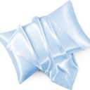 Light Blue Satin Pillowcase Queen Size Set of 2 for Hair and Skin, Light Blue Silk Pillowcase Breathable Pillowcase with Envelope Closure