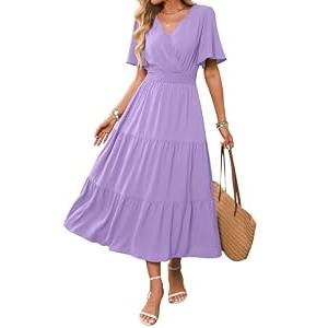 Caracilia Womens Summer Midi Dresses Casual A Line Wrap V Neck Short Sleeve Flowy Tiered Party Vacation Dress with Pockets Light Purple Large