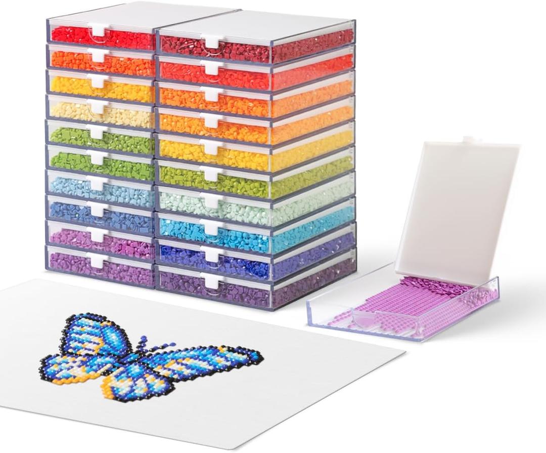 CATEARED Trabricks 2-in-1 Stackable Diamond Art Trays With Lids, Diamond Art Storage, Craft and Bead Storage Organizer & Line-Up, Box Package (Clear White, 20 piece Large Tray Kit)