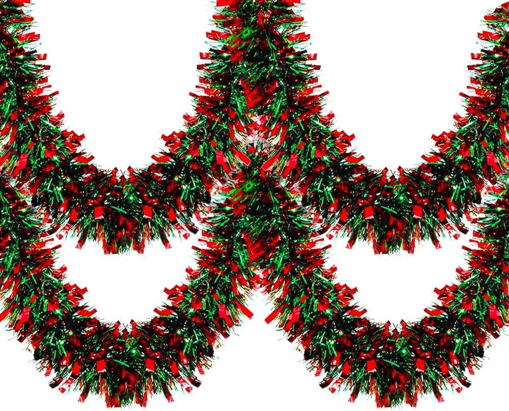 33 Ft Christmas Tinsel Garland Shiny Thick Red and Green Tinsel Decor Xmas Tree Decorations Metallic Twist Foil Garland for Christmas Party Home Stairs Indoor Outdoor Supplies