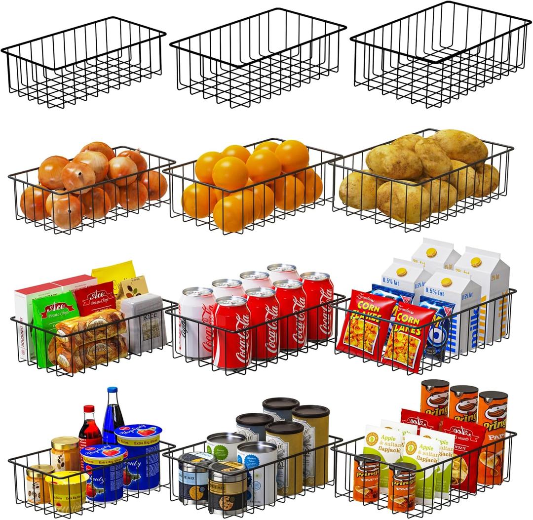 Joben Oligey 12 PACK (3 Size) Small Wire Storage Baskets for Organizing, Pantry Organization Bins for Cabinets, Metal Basket for Kitchen, Bathroom Organizer (Black)