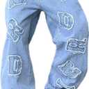 Mens Womens Baggy Jeans Patched Letter Badge Wide Leg Denim Pants Y2k Hip Hop Casual Loose Trousers (Medium, A10 Blue)